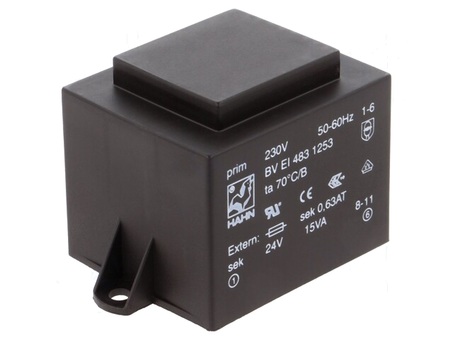 Transformator: ingegoten; 15VA; 230VAC; 24V; 625mA; PCB; BVEI Transformator: ingegoten; 15VA; 230VAC; 24V; 625mA; PCB; BVEI